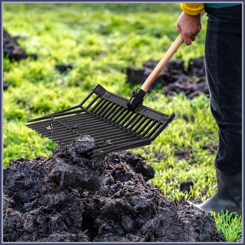 6 Piece Manure Fork Replacement Heads Kit With Screws And Nuts 18 Tine Pitchfork Rake For Horse Manure in use on grass field