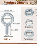 Beefy Heavy Duty Galvanized Carbon Steel M8 Eye Bolts Kit 5 Pack With Nuts And Washers Lifting Ring Bolts 0.79 Inch Thread 16mm Inner Ring 30mm Outer For Tie Downs Indoors Outdoors, dimension chart
