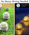 3.9 Inch Solar Globe Lights Outdoor Six Pack Waterproof Cracked Glass Balls on grass and glowing on patio