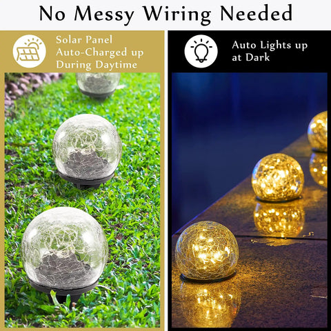 3.9 Inch Solar Globe Lights Outdoor Six Pack Waterproof Cracked Glass Balls on grass and glowing on patio