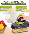 Close-up of 12-In-1 Vegetable Chopper With Built-In Container in use with interchangeable blades, showcasing slicing feature.