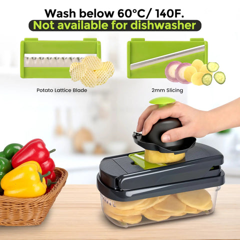 Close-up of 12-In-1 Vegetable Chopper With Built-In Container in use with interchangeable blades, showcasing slicing feature.