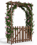 7.1Ft Wooden Garden Arbor With Gate And Picket Fences Lattice Sides Weather Resistant Arch Trellis For Climbing Plants Outdoor