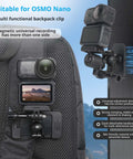 Magnetic Backplate Mount for Osmo Nano With One Quarter Inch Thread Adapter on backpack, secure universal clip, camera attached