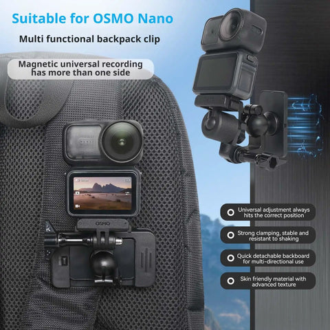 Magnetic Backplate Mount for Osmo Nano With One Quarter Inch Thread Adapter on backpack, secure universal clip, camera attached