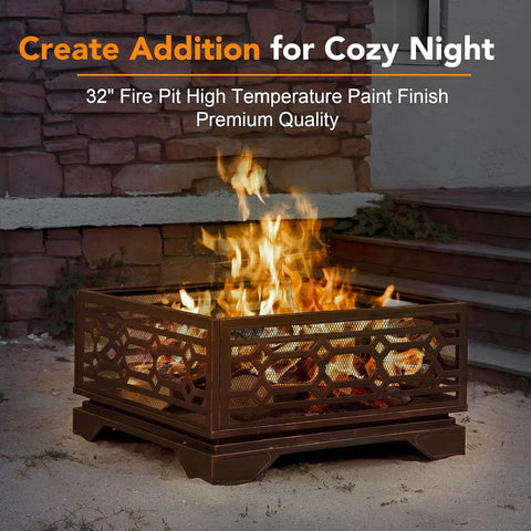 32 Inch Outdoor Wood Burning Fire Pit With Mesh Cover And Fire Poker Large Square Metal Fireplace for patio with flames.