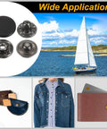 24 Piece Leather Snap Fastener Kit Matte Black 20mm Brass Press Stud Buttons With 4 Install Tools For Coats Bags Leather Marine Canvas DIY Friendly Heavy Duty Set shown with applications on clothing and accessories.