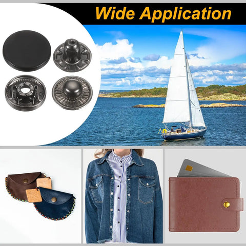 24 Piece Leather Snap Fastener Kit Matte Black 20mm Brass Press Stud Buttons With 4 Install Tools For Coats Bags Leather Marine Canvas DIY Friendly Heavy Duty Set shown with applications on clothing and accessories.