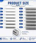 Image showing product size chart for Heavy Duty M3 Threaded Rods Cutting 10 Inches In 304 Stainless Steel with various M sizes.