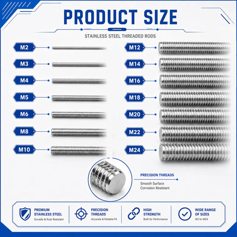 Image showing product size chart for Heavy Duty M3 Threaded Rods Cutting 10 Inches In 304 Stainless Steel with various M sizes.