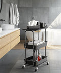 Two Tier Rolling Utility Cart With Wood Top And Lockable Wheels Metal Storage Trolley With Mesh Baskets for Bathroom