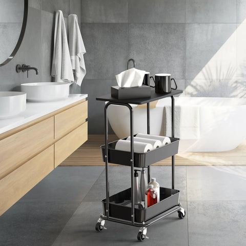 Two Tier Rolling Utility Cart With Wood Top And Lockable Wheels Metal Storage Trolley With Mesh Baskets for Bathroom