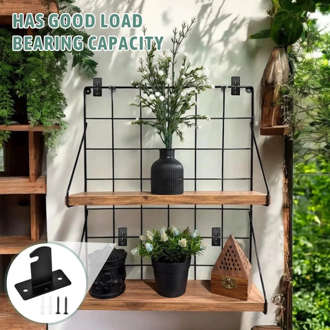 26 Piece Gridwall Mount Brackets Black With Screws And Wall Anchors, holding shelves in home display with plants