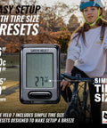 Starter Friendly Wired Bike Computer With Auto Start Stop, displaying 27 inch tire size setup near cyclist with helmet.