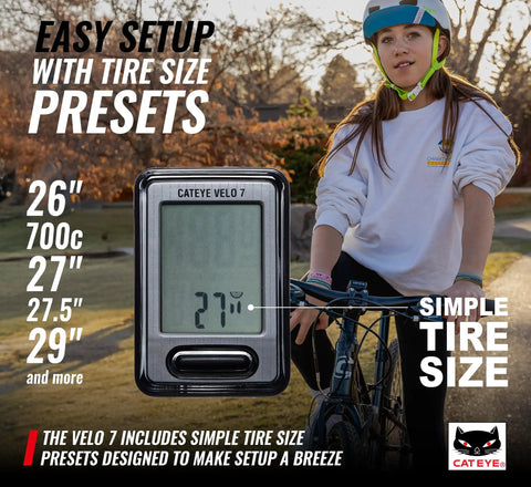 Starter Friendly Wired Bike Computer With Auto Start Stop, displaying 27 inch tire size setup near cyclist with helmet.