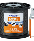 Spool of One Eighth Inch T316 Black Stainless Steel Cable Rope, 600 Feet, with wire cutter, for marine grade use.