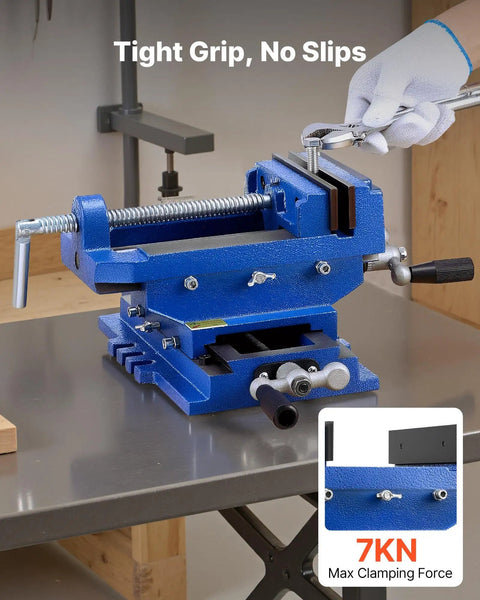 Cross Slide Drill Press Vise 4 Inch Jaw, 2 Axis X Y Bench Vise with anti-slip jaws and 7KN clamping force on workbench