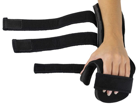 Right Hand Soft Resting Stroke Hand Splint with adjustable straps for flexion contractures, showing secure hand fit