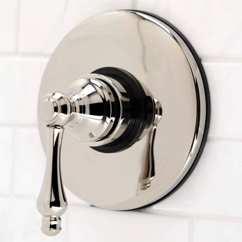 Old School Vintage Brass Shower Volume Control Trim With ADA Lever Handle, polished nickel finish, wall-mounted view