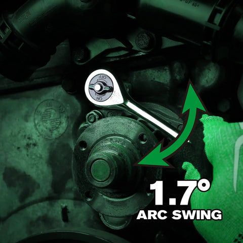Image of One Quarter Inch Drive Socket Set With 216 Piece Quick Release Ratchet used on machinery, showing 1.7° arc swing.