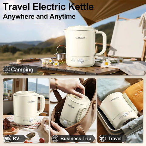 Grab And Go Portable Travel Kettle 600ml With Foldable Handle Electric Kettle Food Grade Stainless Steel Collapsible Water Boiler Dual Modes Compact Kettle For RV Camping Beige Design on outdoor table and in travel settings