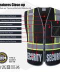 Reflective Security Vest For Men And Women With 5 Pockets Front Zipper Mesh High Visibility ANSI ISEA 107 2015 Compliant ID Window And Flashlight Pocket Black XL, showcasing features with labels such as mesh lining, ID pouch, and reflective text.