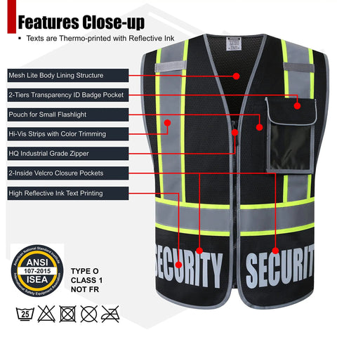 Reflective Security Vest For Men And Women With 5 Pockets Front Zipper Mesh High Visibility ANSI ISEA 107 2015 Compliant ID Window And Flashlight Pocket Black XL, showcasing features with labels such as mesh lining, ID pouch, and reflective text.
