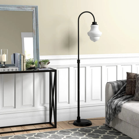 Tall Floor Lamp With Glass Shade In Blackened Bronze And White Milk Finish next to couch, modern glam accent lighting for living room