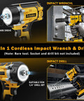 Heavy Hitter Cordless Impact Wrench Driven By A Rugged Brushless Motor Operating As A Versatile Drill Plus Screwdriver Combining To Deliver 516 Ft Lbs Of Serious Torque For Daily Grinds showing 2 in 1 design and 1/2" square drive housing.