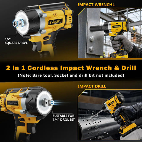 Heavy Hitter Cordless Impact Wrench Driven By A Rugged Brushless Motor Operating As A Versatile Drill Plus Screwdriver Combining To Deliver 516 Ft Lbs Of Serious Torque For Daily Grinds showing 2 in 1 design and 1/2" square drive housing.