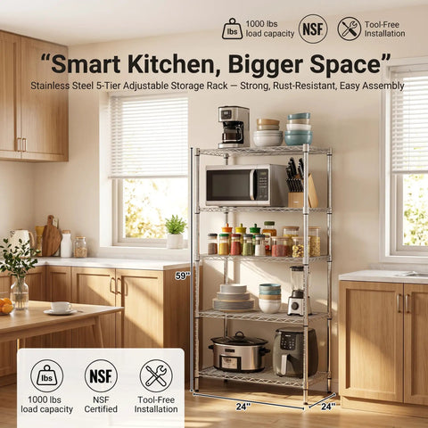 Built Like A Tank Heavy Duty Five Tier Wire Shelving Rack With Thick Steel Frame And Adjustable Chrome Pantry Shelves For Kitchen Laundry Home Storage Organization