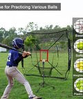 Young player using 7X7 Baseball Practice Net Featuring Adjustable Strike Zone And Height Adjustable Tee for practice.