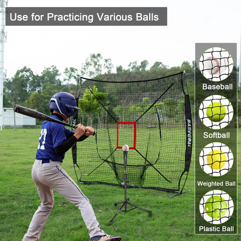 Young player using 7X7 Baseball Practice Net Featuring Adjustable Strike Zone And Height Adjustable Tee for practice.