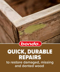 The Real Deal Wood Filler Kit 30 Oz With Quick Set Hardener applied to corners of wooden box for durable repair.