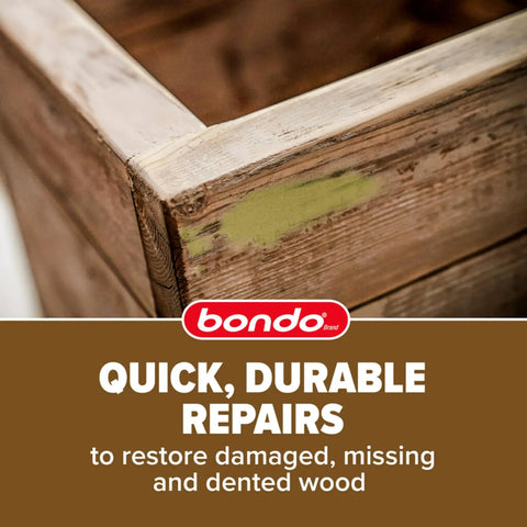 The Real Deal Wood Filler Kit 30 Oz With Quick Set Hardener applied to corners of wooden box for durable repair.