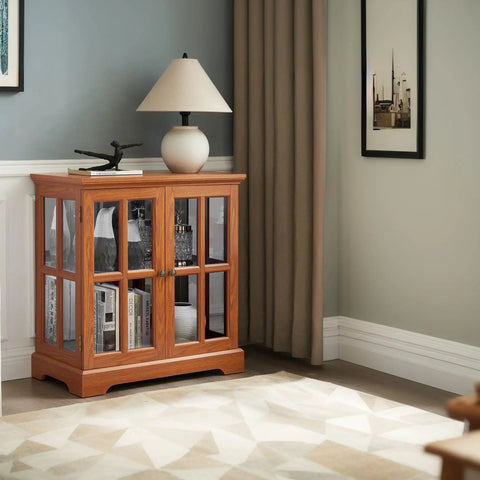 32 Inch LED Accent Curio Cabinet With Seven Color Lights For Collectibles, Tempered Glass Doors, Dark Oak Finish in living room.