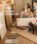 Woman assembling furniture with 25 Set 3 In 1 Furniture Fasteners Kit With M6 35mm Cam Bolts And 15mm Cam Lock Nuts Plus Pre Inserted Plastic Dowel Expansion Screws