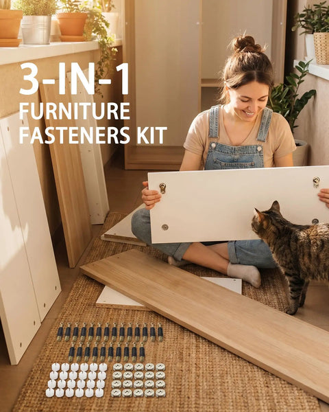 Woman assembling furniture with 25 Set 3 In 1 Furniture Fasteners Kit With M6 35mm Cam Bolts And 15mm Cam Lock Nuts Plus Pre Inserted Plastic Dowel Expansion Screws