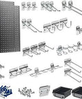 Heavy Duty Gray Steel Pegboard Kit With 2 Panels 18x36 Inch Square Hole Design Includes 30 LocHook Assortment And Hanging Bin System