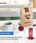 Must Have Nestable Measuring Cup Set With Two Tablespoons Coffee Scoop, Durable BPA Free Plastic, shown with fresh coffee.