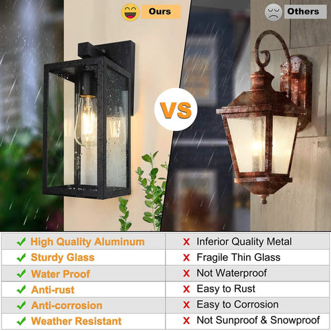 Built Like A Tank Dusk To Dawn Outdoor Wall Light 13 Inch Waterproof Sconce comparison with inferior outdoor light.