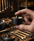 Heavy-Duty Shaft End Protector Caps for Grip-O-Matic Pullers, black metal cap held in hand, designed to protect spindles.
