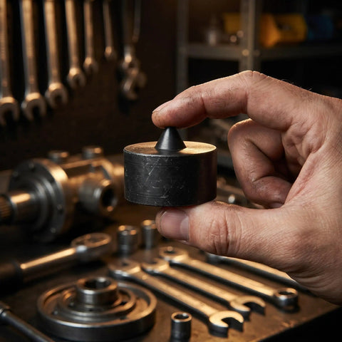 Heavy-Duty Shaft End Protector Caps for Grip-O-Matic Pullers, black metal cap held in hand, designed to protect spindles.