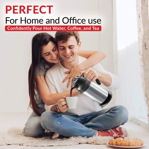 Couple using Insulated Stainless Steel Coffee Carafe Thermos 24 Oz Twin Pack With Milk Server on the go, pouring coffee at home.