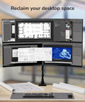 Rock Solid Dual Monitor Desk Mount Designed For Ultrawide Screens With Smooth Gas Spring Arms on a workspace with technical drawings.