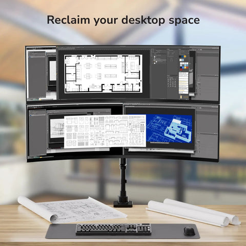 Rock Solid Dual Monitor Desk Mount Designed For Ultrawide Screens With Smooth Gas Spring Arms on a workspace with technical drawings.