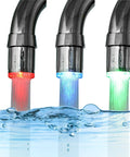 Lit Water Powered LED Faucet Light With Temperature Sensing showing red, blue, and green water streams from faucet