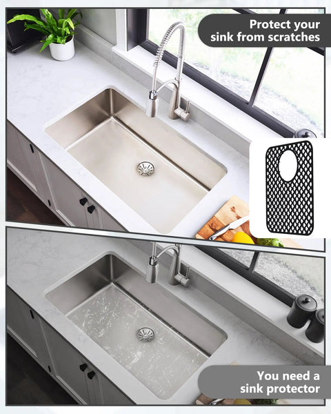 Stainless steel sink with Two Pack Silicone Sink Protectors Trellis Pattern shown in corner. Top view of modern kitchen setup.
