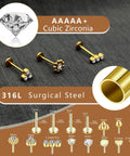 15Pcs Go To Body Jewelry Set Flat Back Push In Stud Earrings 20G 18G 16G 316L Surgical Stainless Threadless Nose Rings gold stud set