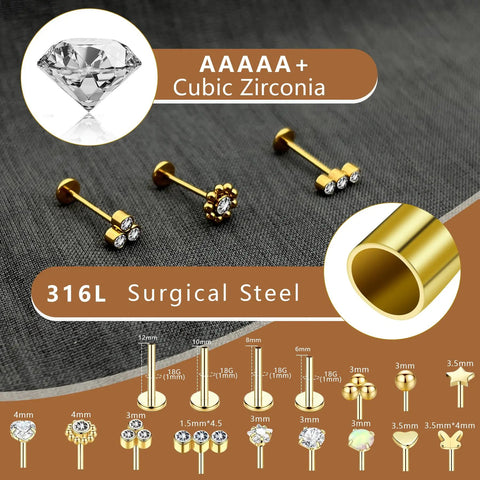 15Pcs Go To Body Jewelry Set Flat Back Push In Stud Earrings 20G 18G 16G 316L Surgical Stainless Threadless Nose Rings gold stud set